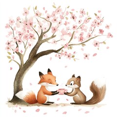 Two cute animals sharing tea under a blooming cherry blossom tree.