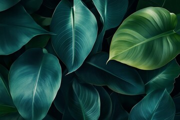 Lush dark green tropical leaves background.
