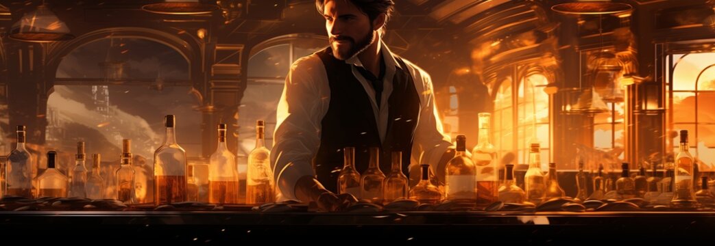 A skilled bartender mixing cocktails in a vibrant, illuminated bar, showcasing the art of mixology and ambiance.