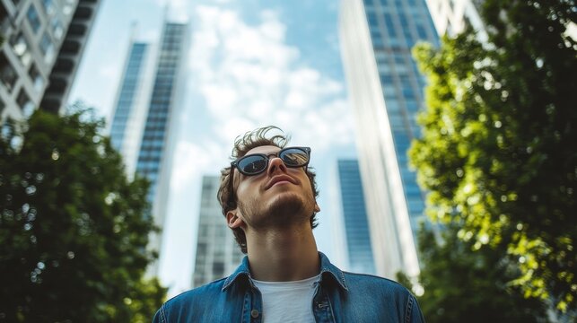 Young caucasian male in sunglasses gazing at skyscrapers on a sunny day
