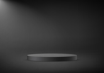 ฺBlack background vector 3d with podium. 3D abstract studio room with pedestal podium. Space for selling products, backdrop, wallpaper, background, text. Vector illustration.