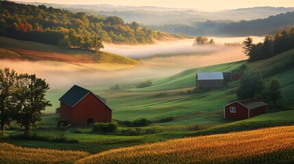 A serene morning landscape showcasing rolling hills, misty valleys, and red barns under soft sunlight.