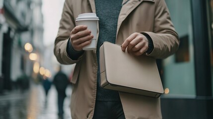Male professional in a beige coat holds a coffee and a briefcase, exuding a modern, urban vibe on a rainy day.