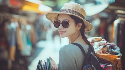 Stylish Traveler at a Vibrant Asian Market