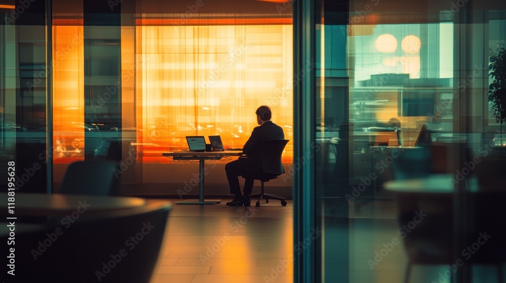 Poster man working alone at desk near window