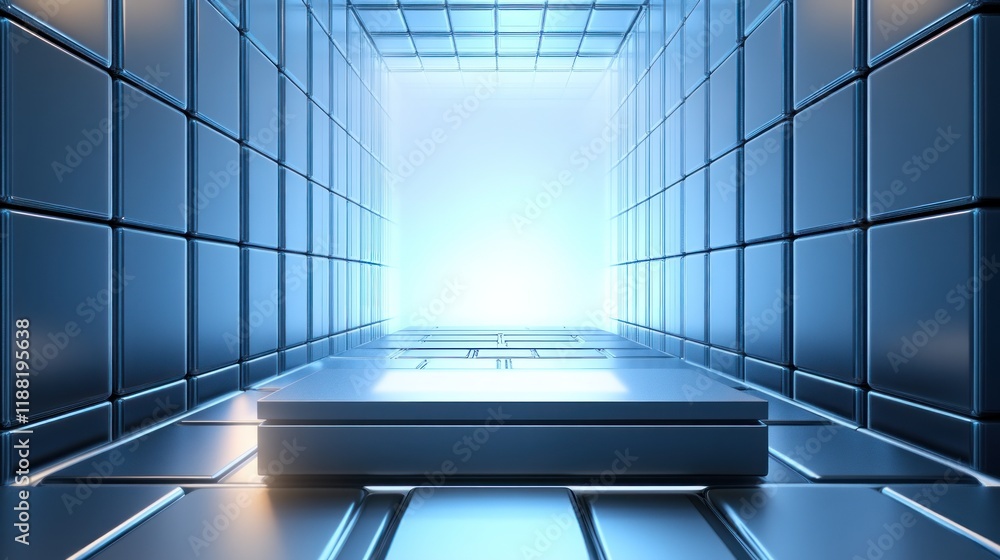 Poster abstract blue metallic cube corridor with platform