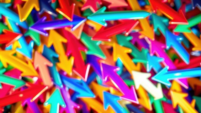A chaotic and vibrant display of brightly colored arrows pointing in various directions, symbolizing the multiplicity of choices, paths, and possibilities