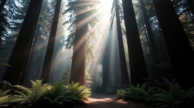 Sunbeams casting a golden glow on a forest path lined with towering redwood trees, surrounded by misty ferns, mist, nature, giant trees - Powered by Adobe