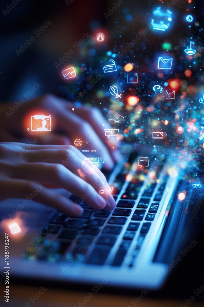 Aufkleber digital world connection: hands typing on laptop with glowing data icons and network signals