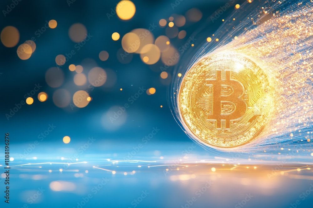 Poster glowing bitcoin symbol with sparkling lights and digital background