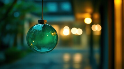 Evening Glow: A Green Glass Orb Hanging Against a Blurred Cityscape