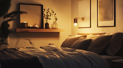 A cozy, softly lit bedroom featuring a neatly made bed, decorative pillows, and a calming ambiance.