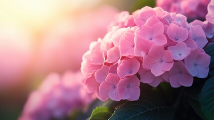 Fototapeta premium Beautiful Pink Hydrangea Flowers in Bloom at Sunset. Perfect for nature and floral themes, evoking feelings of tranquility, beauty, and the grace of summer.