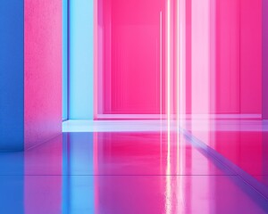 Abstract pink and blue neon light reflecting on glossy floor in modern room.