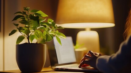 Person focused on laptop in a warm and inviting environment, showcasing the balance between productivity and comfort, emphasizing the importance of a cozy workspace for creative and efficient work.