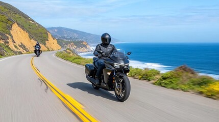 a sports motorcycle driving at full speed Motorcyclist riding along coastal road