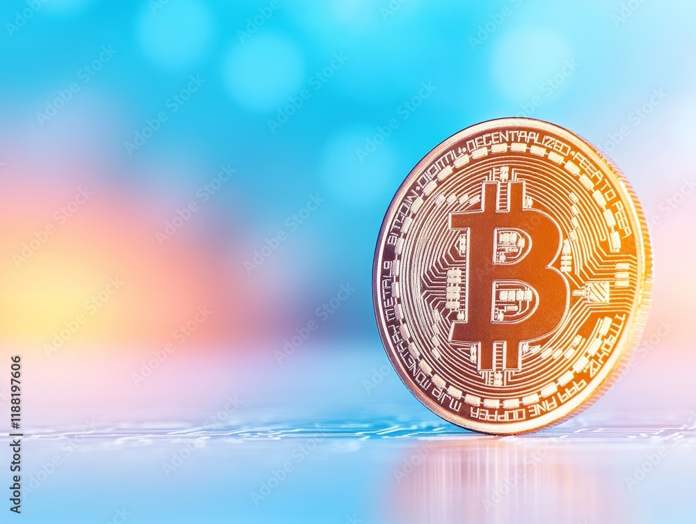 Poster golden bitcoin coin on colorful background highlighting digital currency