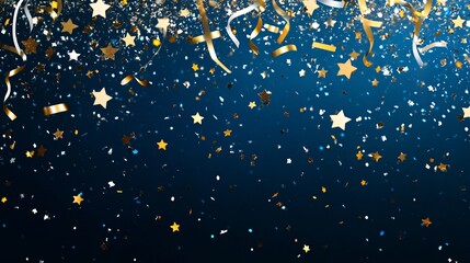 Colorful confetti and shimmering stars cascade against a deep blue backdrop, creating a festive and celebratory atmosphere.