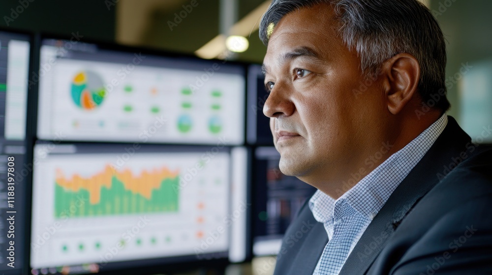 Poster businessman reviews data charts on multiple monitors