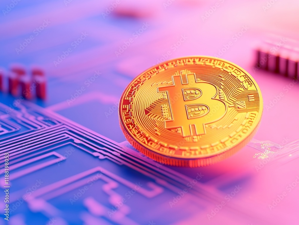 Poster digital bitcoin currency on circuit board background with neon colors