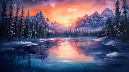 A hand-drawn painting depicts a serene frozen lake surrounded by towering pine trees and majestic mountains. Nature's beauty unfolds in a captivating fusion of colors and textures.