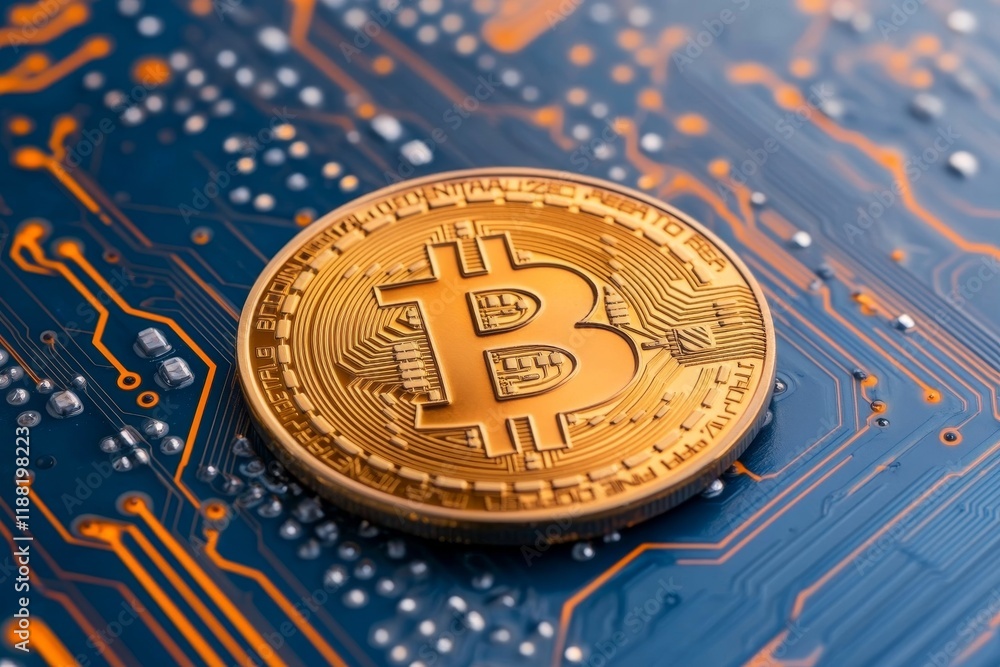 Poster golden bitcoin coin on circuit board symbolizing cryptocurrency and blockchain technology