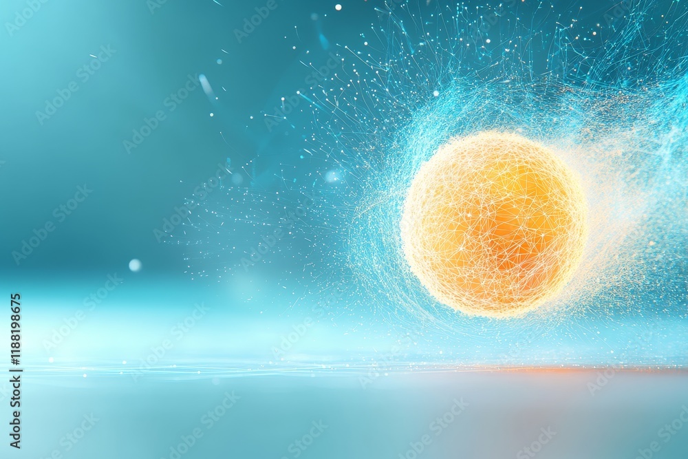Poster abstract digital sphere with dynamic light particles on blue background