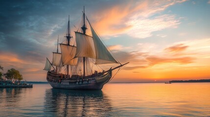 A majestic galleon, its sails unfurled, stands serenely in the harbor as the first rays of dawn illuminate the sky, casting a warm glow upon the ancient vessel.