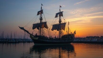 Fototapeta premium A majestic galleon, its sails unfurled, stands serenely in the harbor as the first rays of dawn illuminate the sky, casting a warm glow upon the ancient vessel.