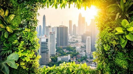 Fototapeta premium Urban Oasis: A City Skyline Framed by Lush Greenery