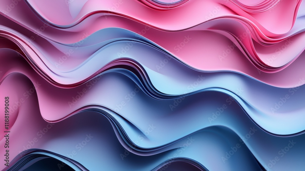 Poster abstract waves of pink and blue paper layers creating a flowing pattern