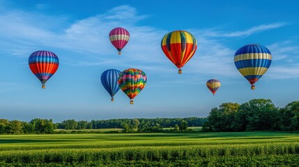 Fototapeta premium Colorful Hot Air Balloons Soaring Over Lush Green Field Under a Vivid Blue Sky