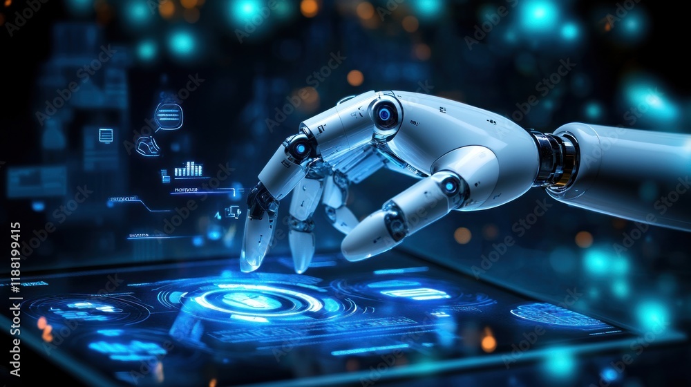 Poster robotic hand interacting with futuristic interface technology