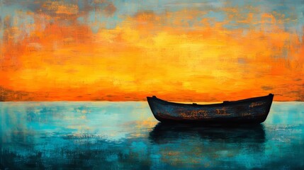 Fototapeta premium A weathered ship floats serenely in the tranquil embrace of the setting sun, casting a silhouette against the vibrant tapestry of the ocean and sky.
