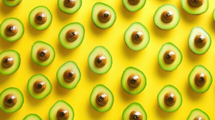 Halved Avocados with a Tropical Twist on a Yellow Background.