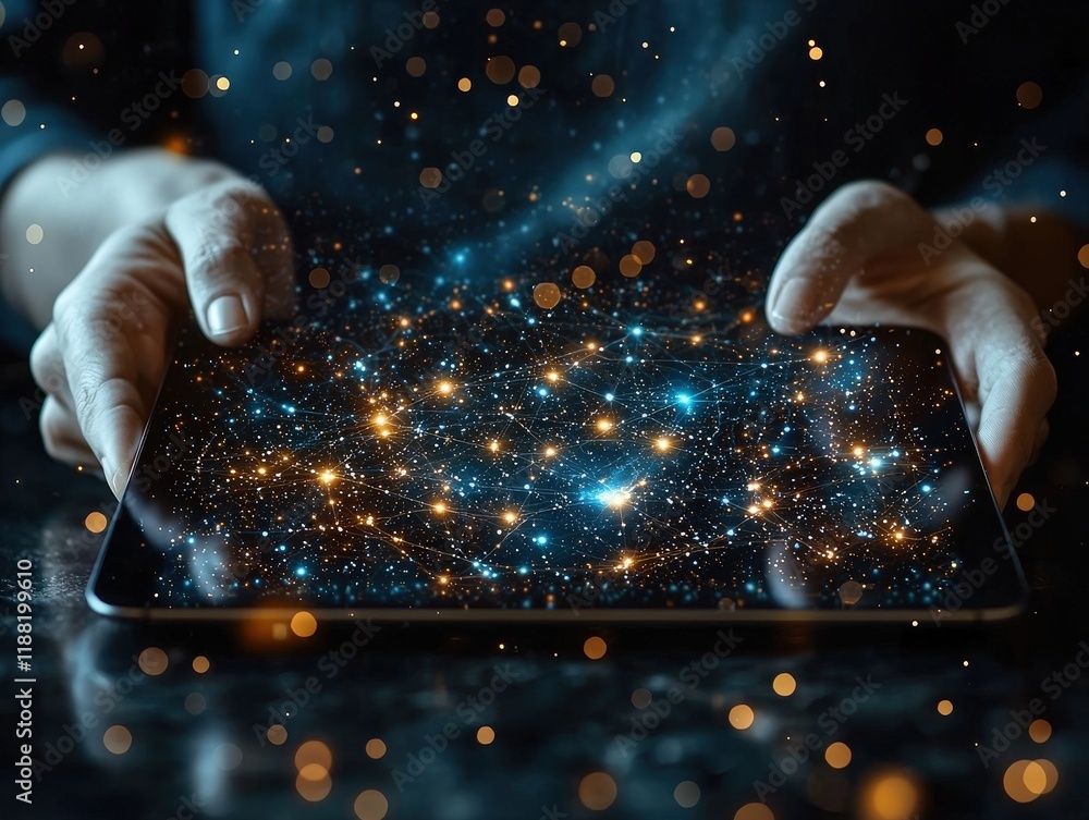 Poster hands hold a tablet displaying a glowing network of interconnected points, set against a dark backgr