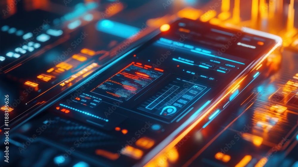 Poster Futuristic Smartphone Displaying Digital Data And Code