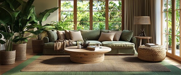 Fototapeta premium Green sofa in a tropical living room with large windows, plants, and wooden coffee table.