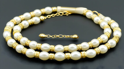 Elegant double strand pearl necklace on dark background
