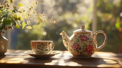 Fototapeta premium Elegant floral teapot and cup set on a sunlit wooden table, creating a cozy and inviting atmosphere.