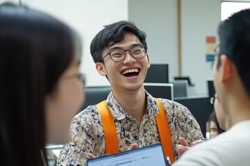 A group of young Asian entrepreneurs in an office, celebrating a milestone with excitement, smiling and exchanging congratulatory words.