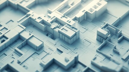 A detailed, abstract representation of architectural blueprints showing multiple interconnected rooms and spaces.