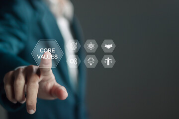 Core values responsibility ethics goals company concept, Businessman touching core values icon on...