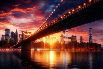 Obraz premium Suspension Bridge Over River with Distant City Skyline, illuminated structures, serene water reflection, evening ambiance, urban beauty