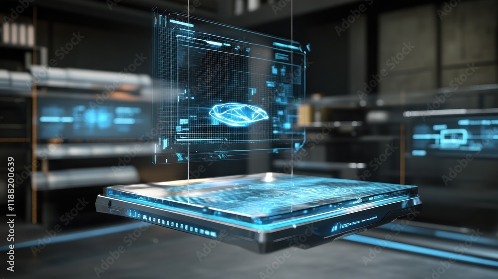 Poster futuristic holographic display shows gemstone data analysis