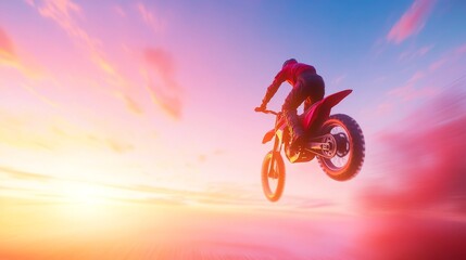 Fototapeta premium Male motorcyclist performs stunt on dirt bike against vibrant sunset sky