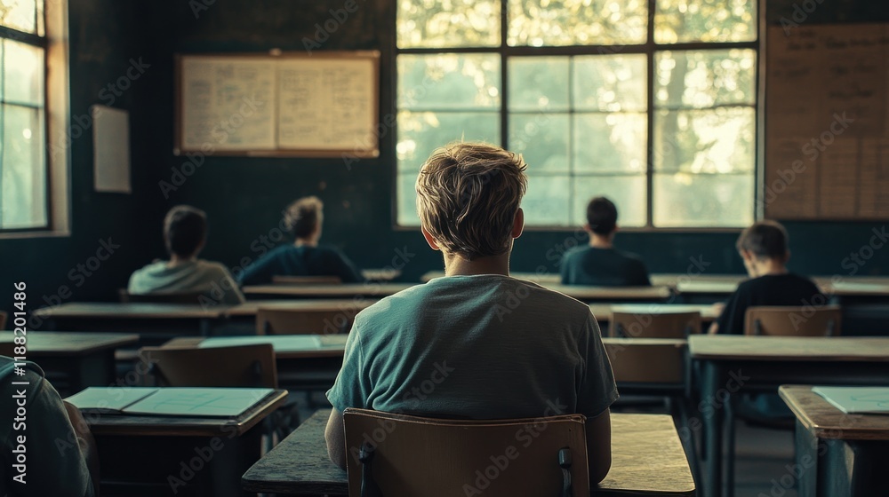Poster student sits alone in empty classroom facing window