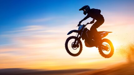Obraz premium Silhouette of person riding a dirt bike at sunset