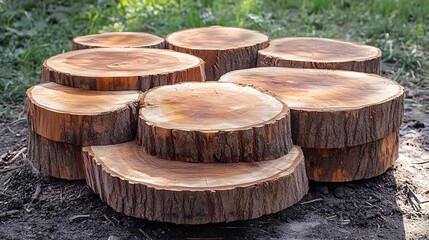 Fototapeta premium Natural wooden tree stumps arranged artistically in a garden setting.