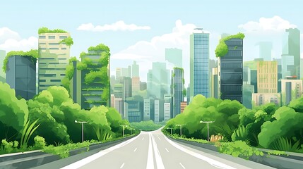 Fototapeta premium Overgrown Cityscape Road Green Buildings Nature